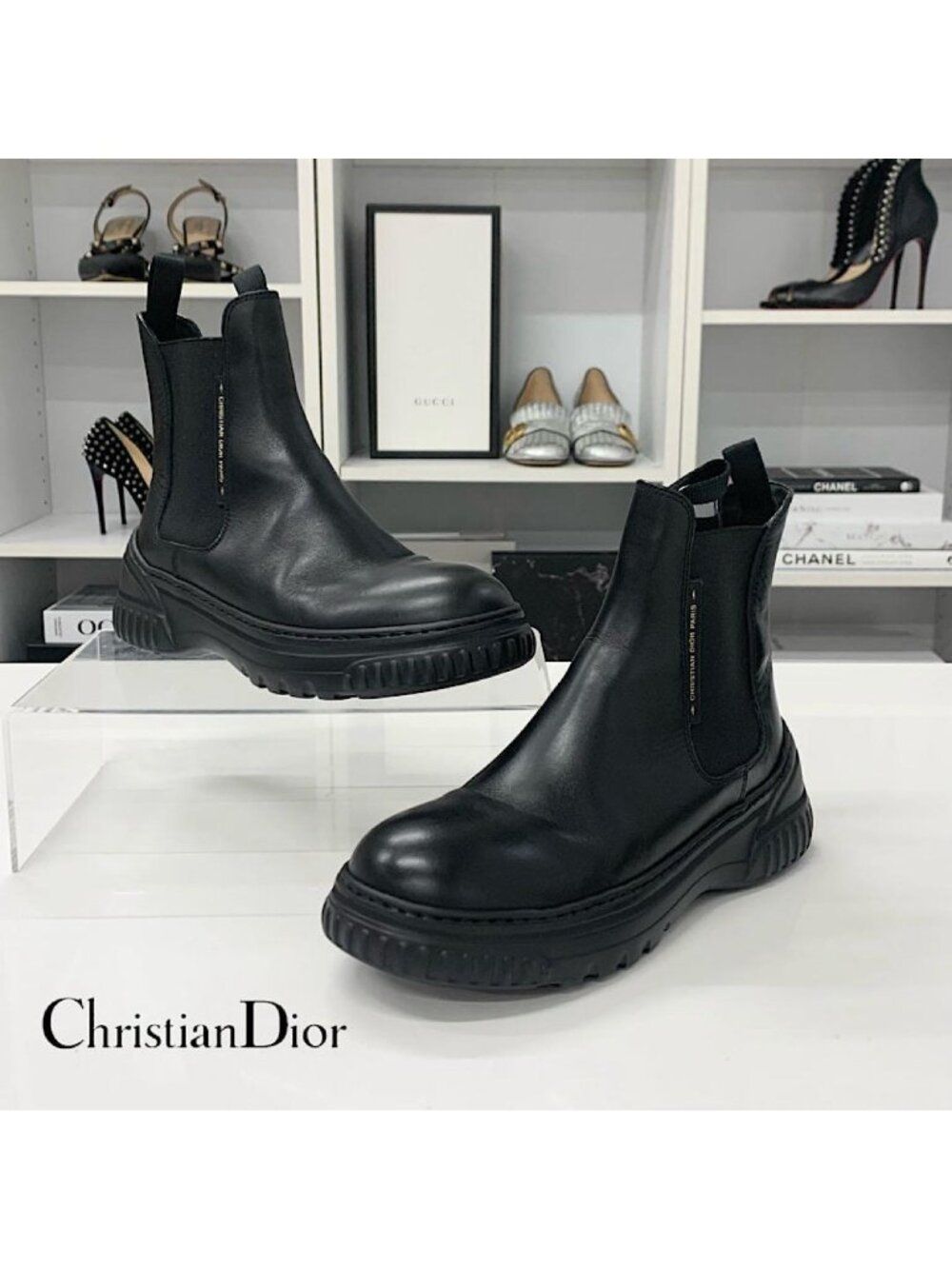 Dior Leather Logo Side Gore Short Boots Black